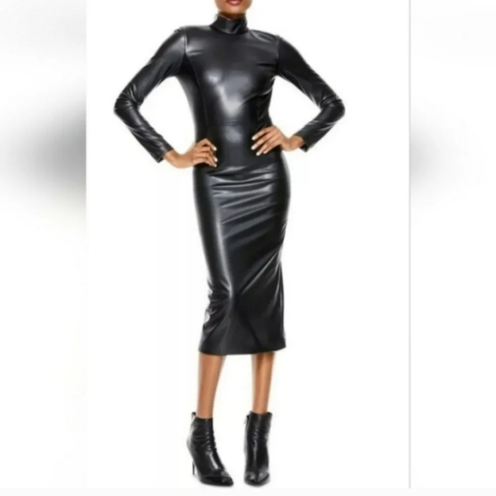 ALICE + OLIVIA DELORA VEGAN LEATHER MOCKNECK MIDI DRESS SIZE 4 - Picture 13 of 15
